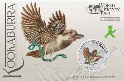 2024 PerthMint World Money Fair Coin Show Kookaburra 1oz Silver Coloured Coin in Card