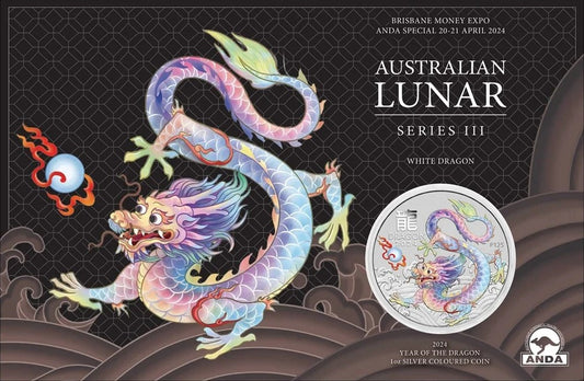 2024 PerthMint Brisbane Money Expo ANDA Show Special Australian Lunar Series III Year of the Dragon 1oz Silver White Coloured Coin in Card