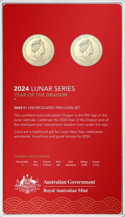 2024 Royal Australian Mint  $1 Australia Lunar Year of the Dragon Two-Coin UNC