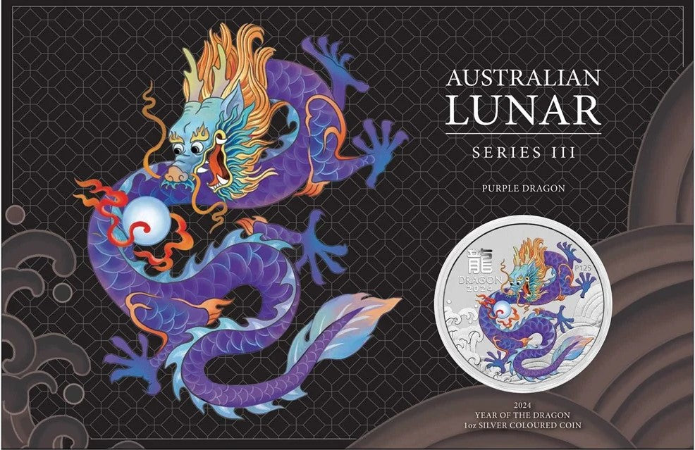 2024 PerthMint Australian Lunar Series III Year of the Dragon 1oz Silver Purple Coloured Coin in Card