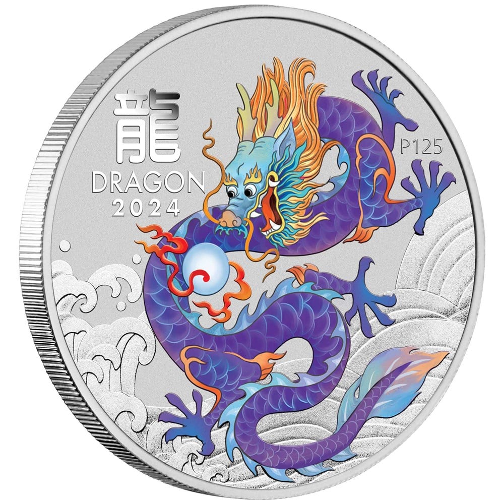 2024 PerthMint Australian Lunar Series III Year of the Dragon 1oz Silver Purple Coloured Coin in Card