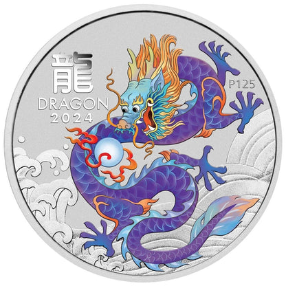 2024 PerthMint Australian Lunar Series III Year of the Dragon 1oz Silver Purple Coloured Coin in Card