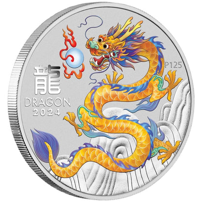 2024 PerthMint Melbourne Money Expo ANDA Special Australian Lunar Series III Year of the Dragon 1oz Silver Yellow Coloured Coin in Card