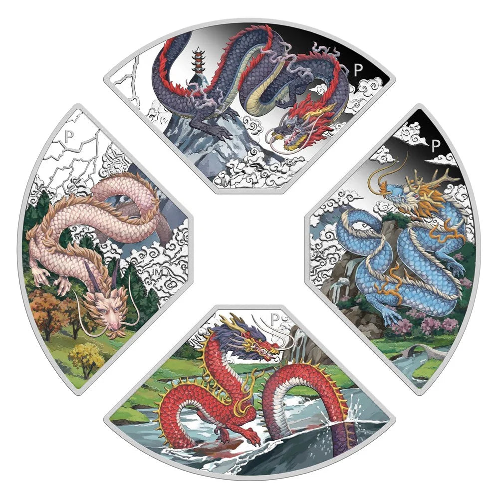 2024 PerthMint Year of the Dragon Quadrant  1oz Silver Proof Coloured four coin set