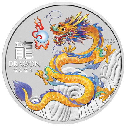 2024 PerthMint Melbourne Money Expo ANDA Special Australian Lunar Series III Year of the Dragon 1oz Silver Yellow Coloured Coin in Card