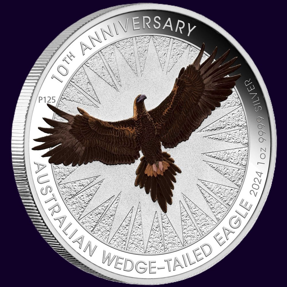 2024  PerthMint Australian Wedge-tailed Eagle 10th Anniversary 1oz Silver Coloured Coin in Card