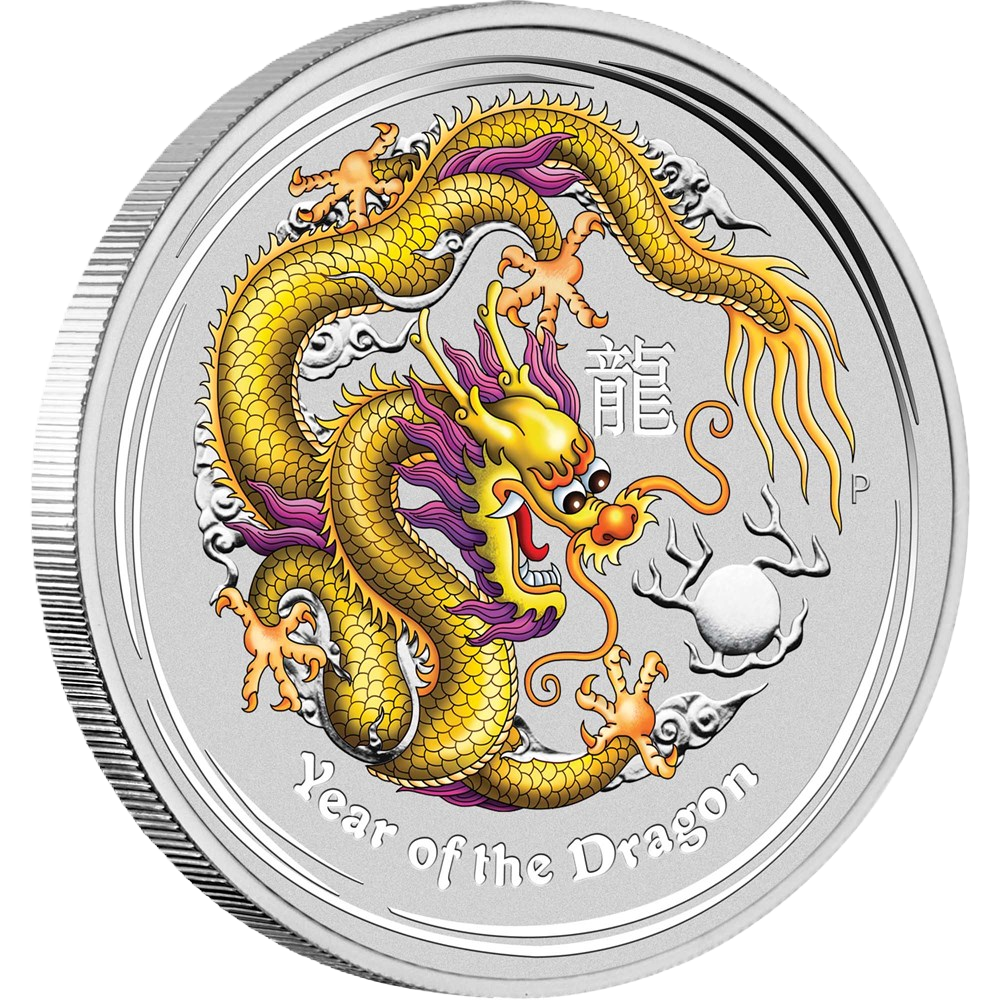 2012 PerthMint Melbourne ANDA Show- Australian Lunar Series II - Year of the Dragon 1oz Silver Yellow Coloured coin