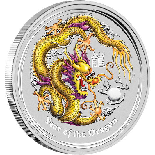 2012 PerthMint Melbourne ANDA Show- Australian Lunar Series II - Year of the Dragon 1oz Silver Yellow Coloured coin