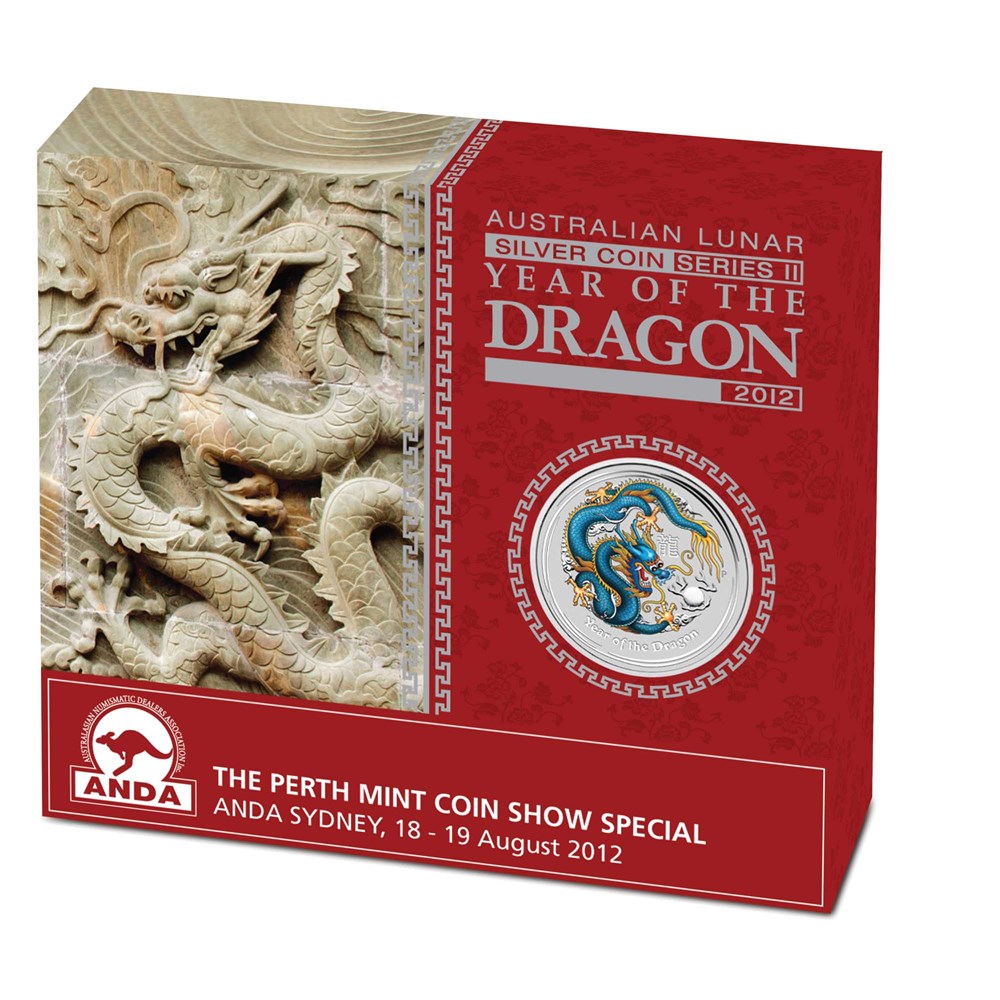 2012 PerthMint Sydney ANDA Show- Australian Lunar Series II - Year of the Dragon 1oz Silver Blue Coloured coin