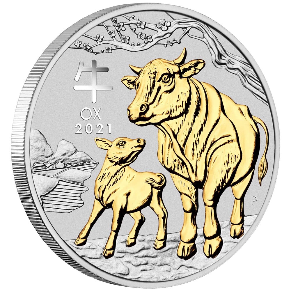 2021 Australian Lunar Series III Year of the Ox 1oz Silver Gilded Coin in Capsule