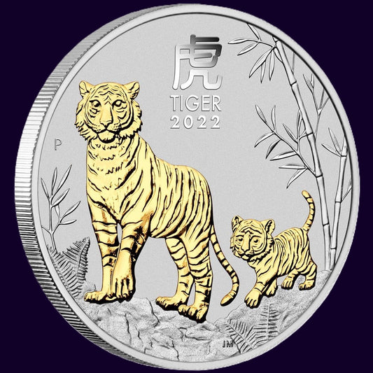 2022 PerthMint  Australian Lunar Series III  - Year of the Tiger - 1oz Silver Gilded Coin