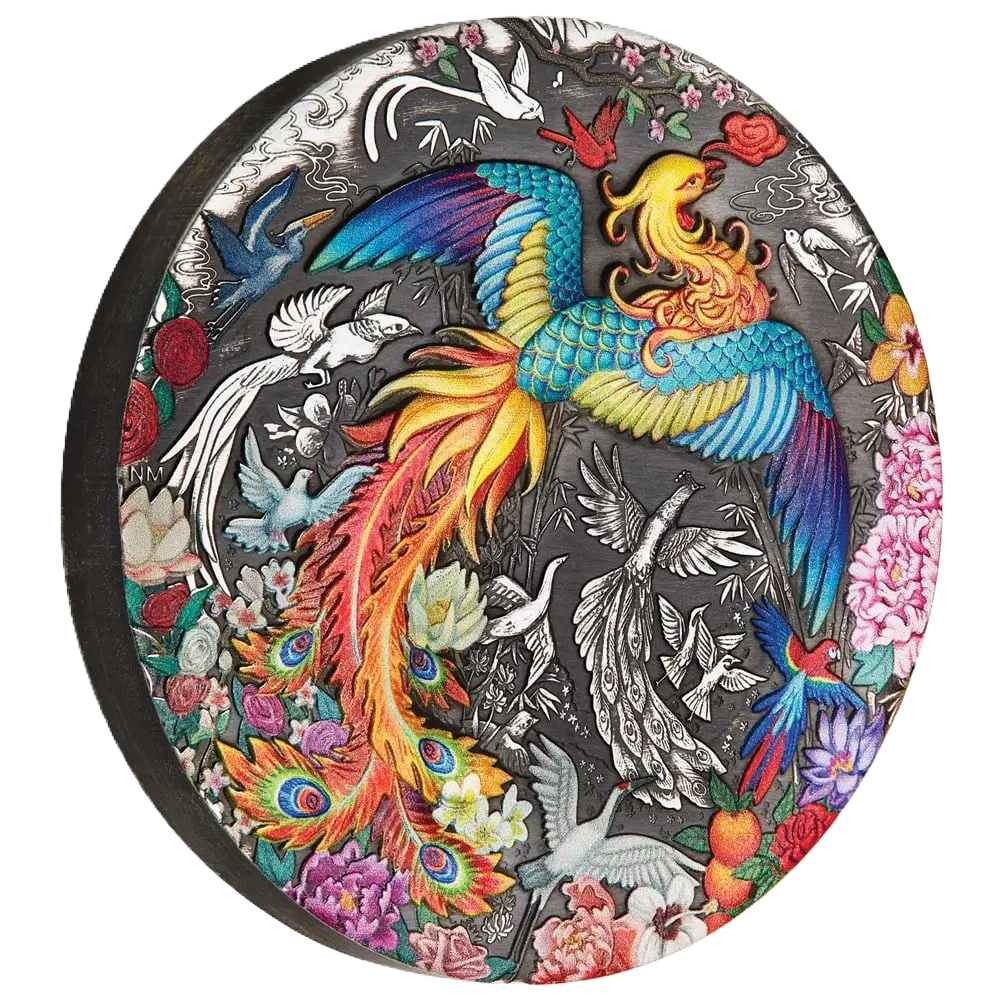 2023 PerthMint Phoenix and Birds 5oz Silver Antiqued Coloured Coin