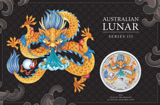 2024 PerthMint Australian Lunar Series III Year of the Dragon 1oz Silver Yellow Coloured Coin in Card