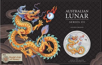 2024 ANA World Money Fair Special Australian Lunar Series III Year of the Dragon 1oz Golden Coloured Silver Coin in Card