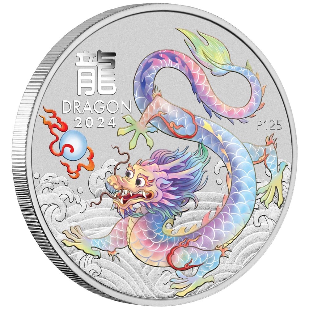 2024 PerthMint Brisbane Money Expo ANDA Show Special Australian Lunar Series III Year of the Dragon 1oz Silver White Coloured Coin in Card