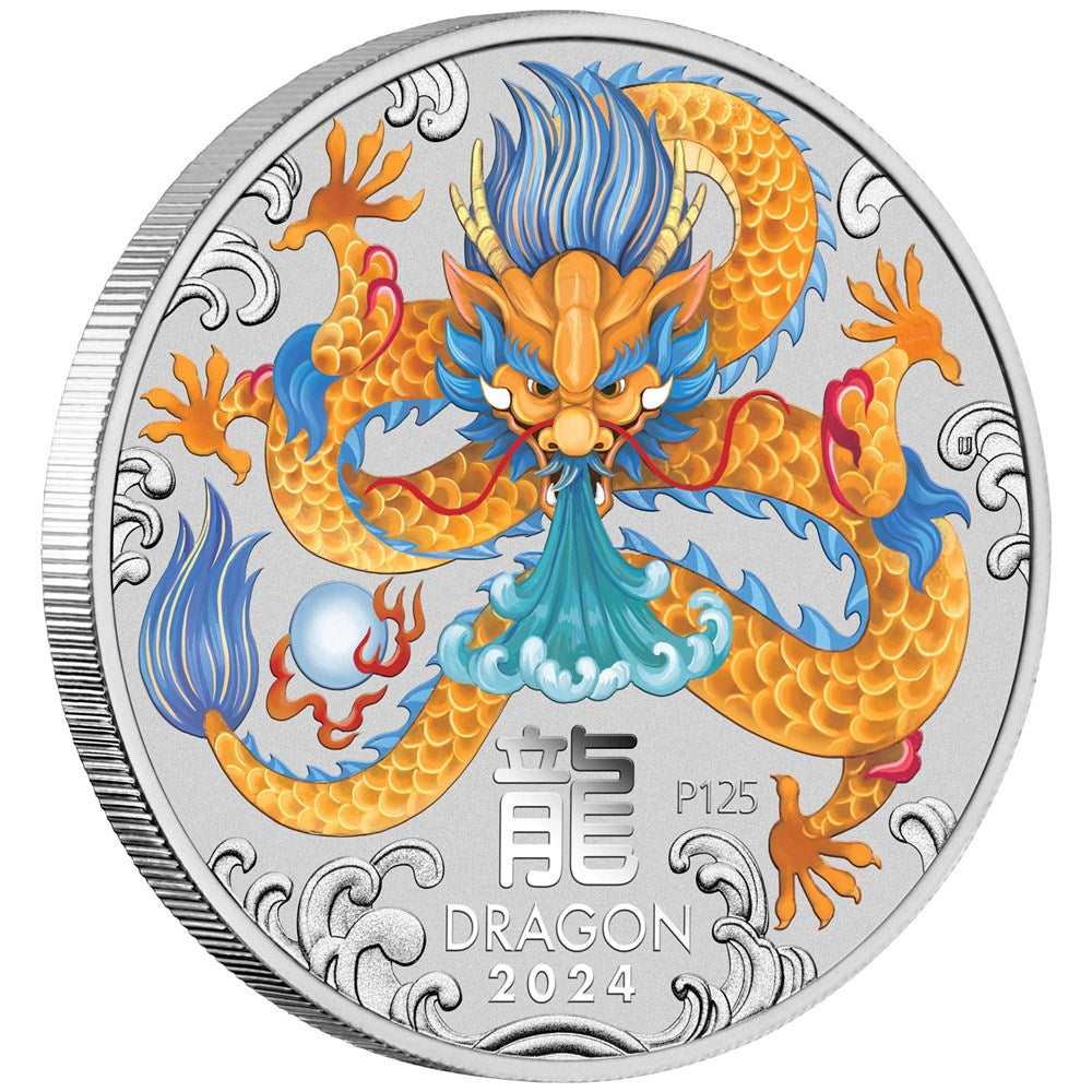 2024 PerthMint Australian Lunar Series III Year of the Dragon 1oz Silver Yellow Coloured Coin in Card