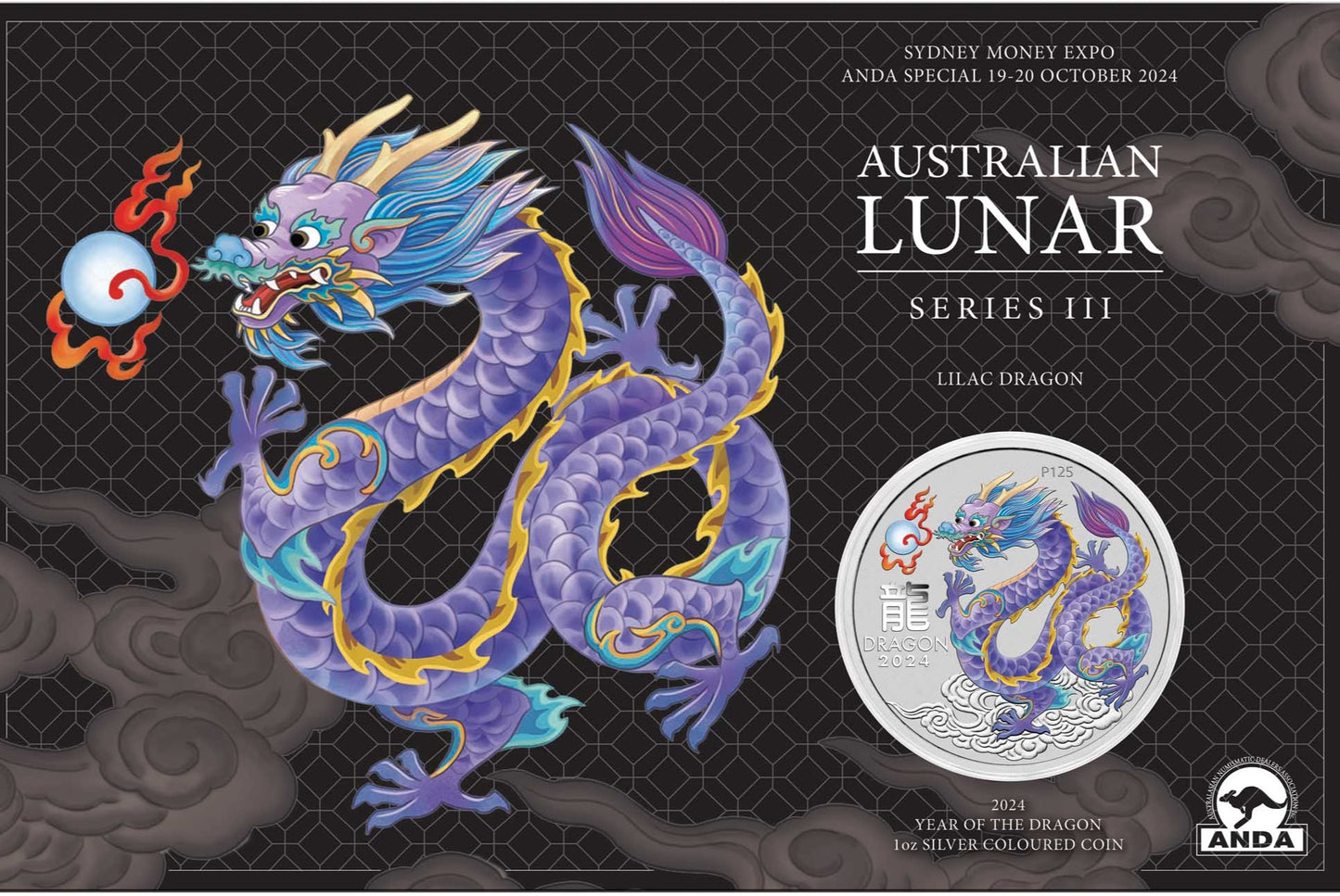 2024 Sydney Money Expo Lunar Series III Year of the Dragon 1oz Silver Lilac Coloured Coin in Card