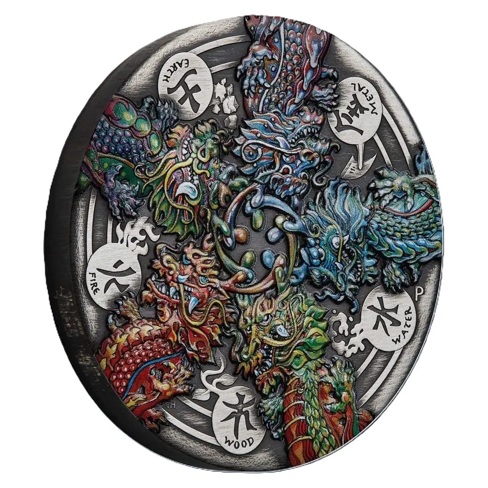 2024 Dragon and the Five Elements 5oz Silver Antiqued Coloured Coin