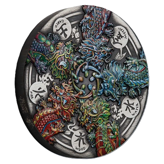 2024 Dragon and the Five Elements 5oz Silver Antiqued Coloured Coin