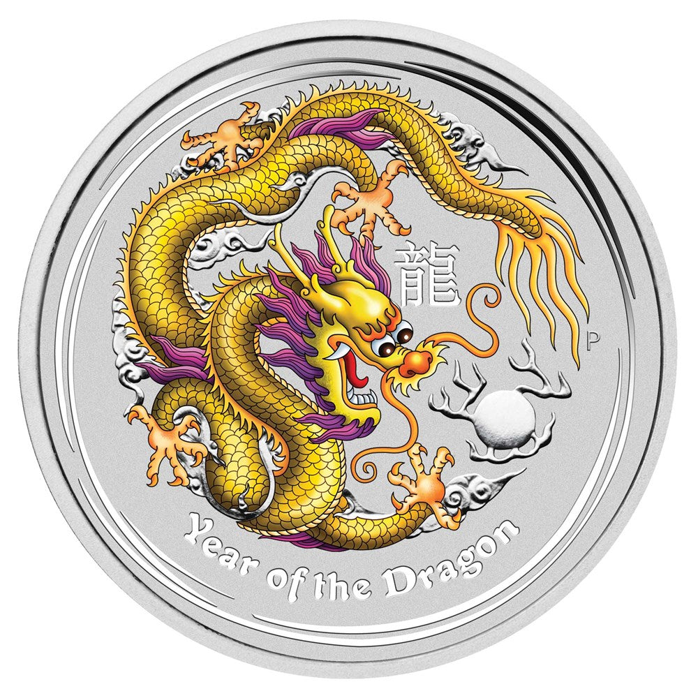 2012 PerthMint Melbourne ANDA Show- Australian Lunar Series II - Year of the Dragon 1oz Silver Yellow Coloured coin