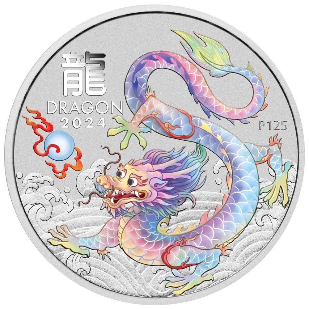 2024 PerthMint Brisbane Money Expo ANDA Show Special Australian Lunar Series III Year of the Dragon 1oz Silver White Coloured Coin in Card