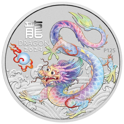 2024 PerthMint Brisbane Money Expo ANDA Show Special Australian Lunar Series III Year of the Dragon 1oz Silver White Coloured Coin in Card