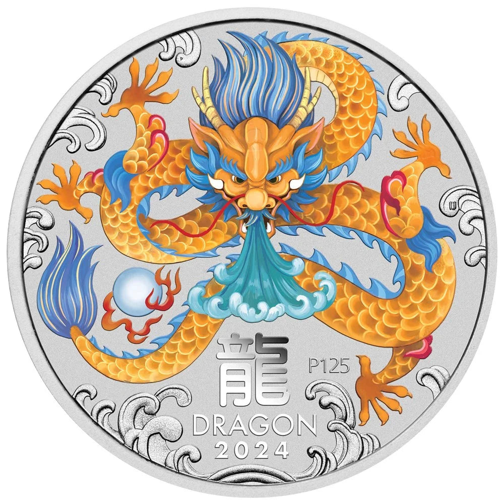 2024 PerthMint Australian Lunar Series III Year of the Dragon 1oz Silver Yellow Coloured Coin in Card