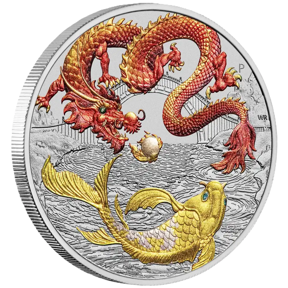 2023 PerthMint Chinese Myths and Legends Red Dragon and Koi 1oz Silver Coloured Coin