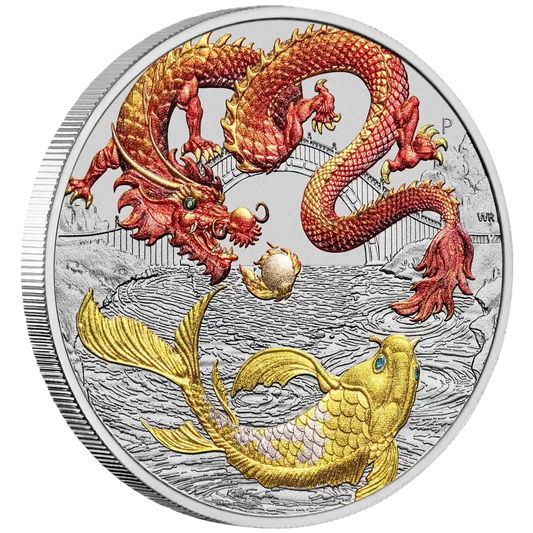 2023 PerthMint Chinese Myths and Legends Red Dragon and Koi 1oz Silver Coloured Coin