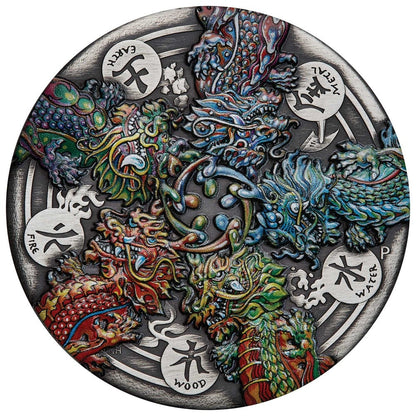 2024 Dragon and the Five Elements 5oz Silver Antiqued Coloured Coin