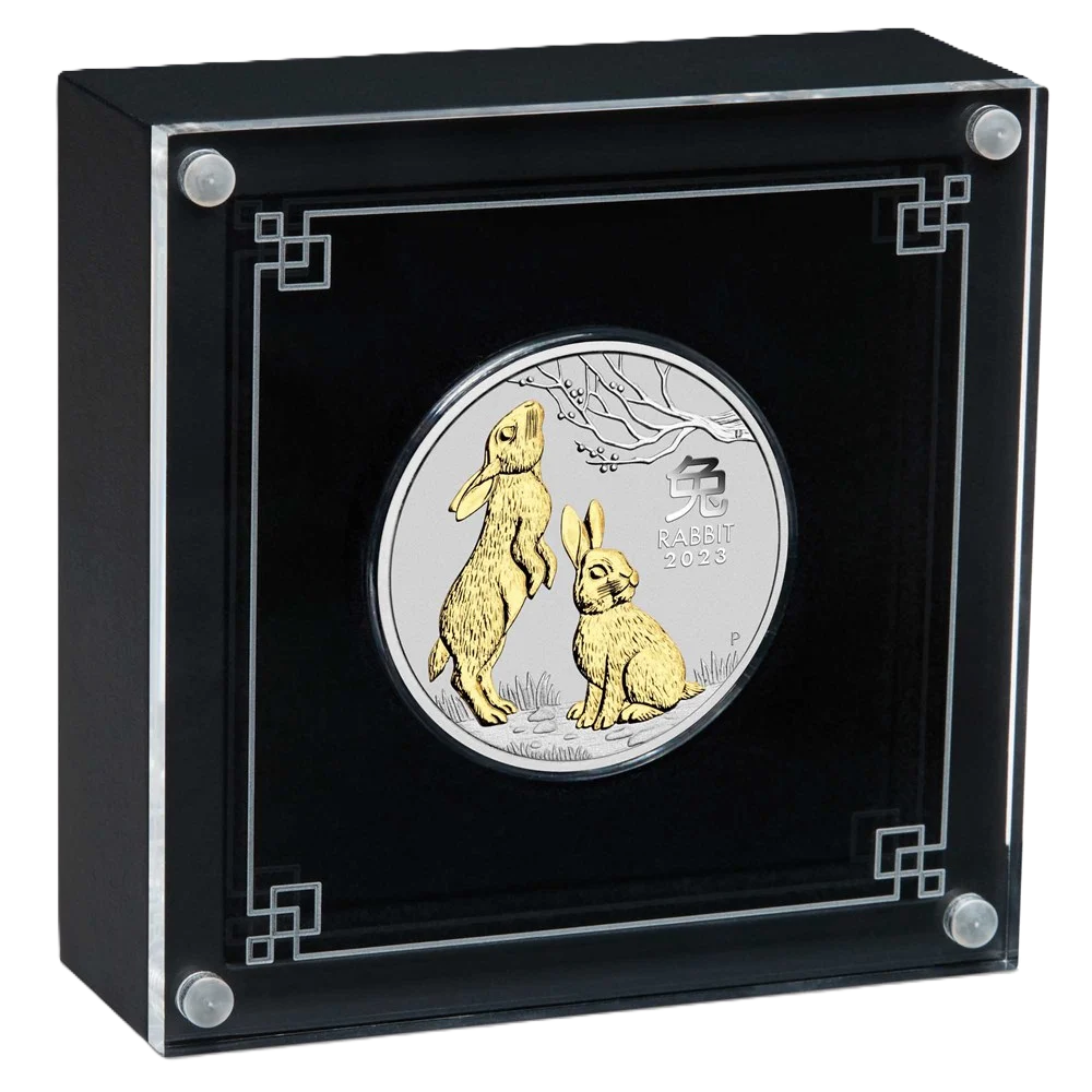 2023 PerthMint Australian Lunar Series III Year of the Rabbit 1oz Silver Gilded Coin in Box