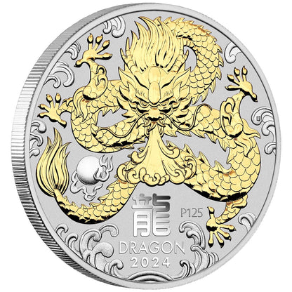 2024 PerthMint Australian Lunar Series III Year of the Dragon 1oz Silver Gilded Coin in Box