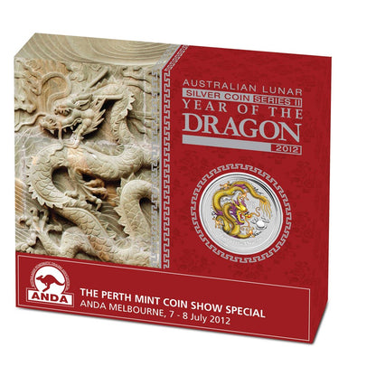 2012 PerthMint Melbourne ANDA Show- Australian Lunar Series II - Year of the Dragon 1oz Silver Yellow Coloured coin