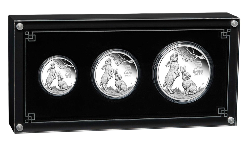 2023 PerthMint Australian Lunar Series III Year of the Rabbit Silver Proof Three-Coin Set - certificate less than 100