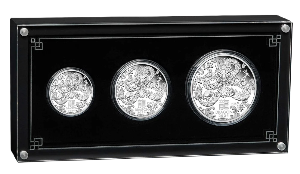 2024 PerthMint Australian Lunar Series III Year of the Dragon Silver Proof Three-Coin Set