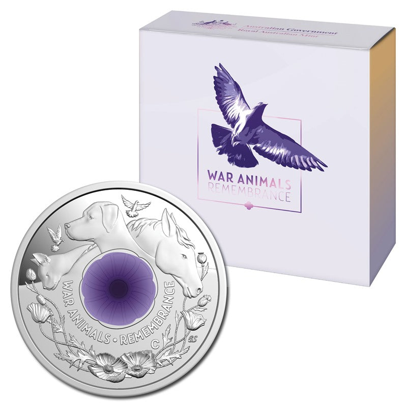 2024 RAM War Animal Remembranc Purple Poppy $2 C Mintmark Silver Proof Coloured Coin