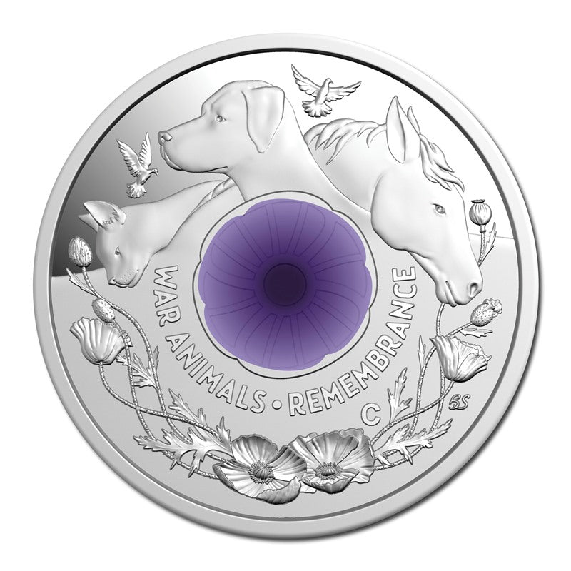 2024 RAM War Animal Remembranc Purple Poppy $2 C Mintmark Silver Proof Coloured Coin