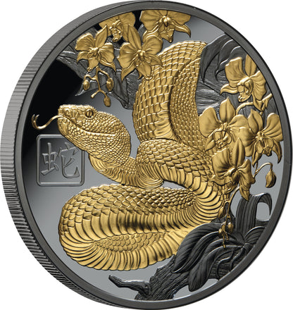 2025 Lunar Year of the Snake  $1 Gold-plated 1oz Silver Black Proof Coin