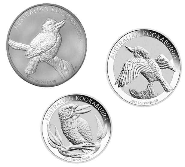 2010, 2011 and 2012 PerthMint Kookaburra 1oz Silver Bu 3 coin collection