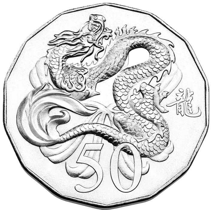 2012 Royal Australian Mint Lunar Year Of The Dragon 50c Tetradecagon coin on card