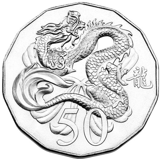 2012 Royal Australian Mint Lunar Year Of The Dragon 50c Tetradecagon coin on card