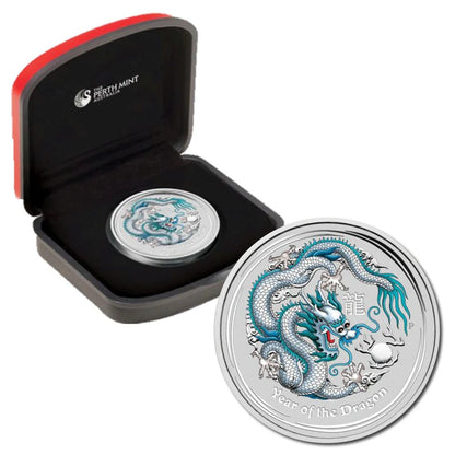 2012 PerthMint ANA - Australian Lunar Series II - Year of the Dragon 1oz Silver Light Blue Coloured coin