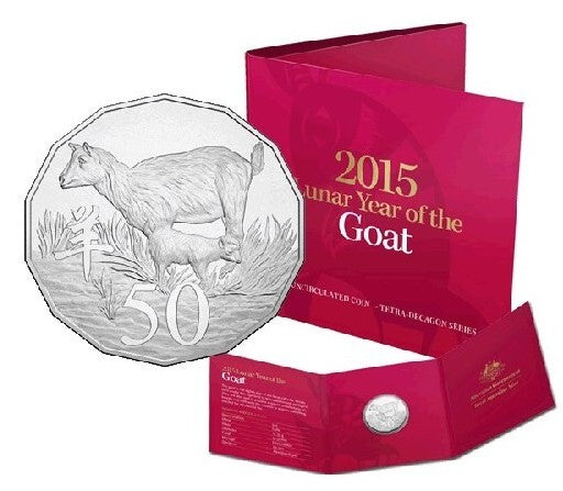 2015 Royal Australian Mint Lunar Year Of The Goat 50c Tetradecagon coin on card