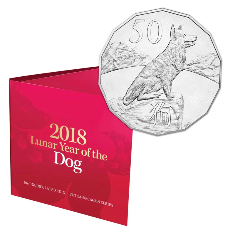 2018 Royal Australian Mint Lunar Year Of The Dog 50c Tetradecagon coin on card