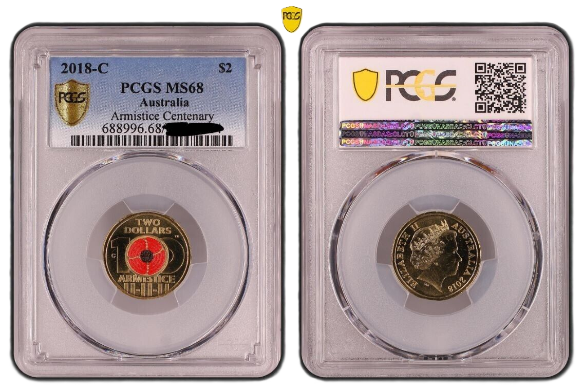 2018 PCGS MS68 graded $2 Armistice Centenary Poppy C Mintmark coin