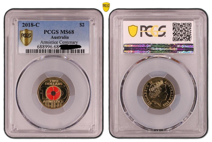 2018 PCGS MS68 graded $2 Armistice Centenary Poppy C Mintmark coin