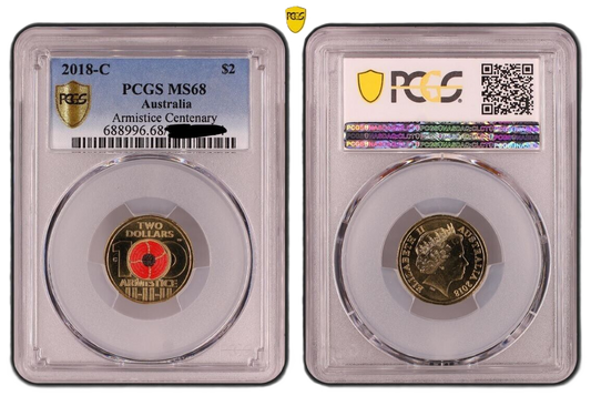 2018 PCGS MS68 graded $2 Armistice Centenary Poppy C Mintmark coin