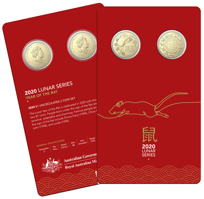 2020 Royal Australian Mint Lunar Year of the Rat $1 two coin set