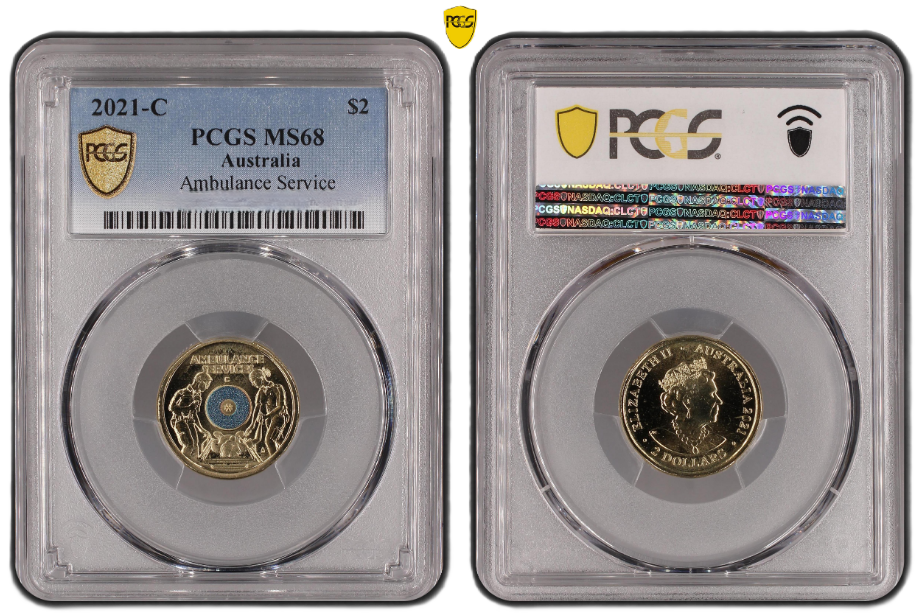 2021 PCGS MS68 graded 2$ Ambulance Service gold shield C mintmark Coin