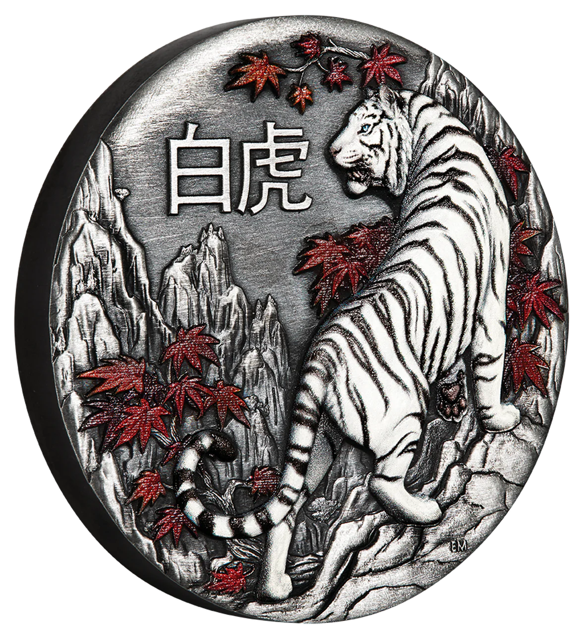 2022 PerthMint 2oz Antique Silver White Tiger Coloured Coin